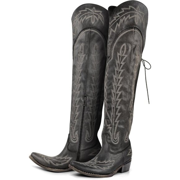 Shoes - Women's Black Over the Knee Cowboy Boots Adjustable Thigh High Cowgirl Boots